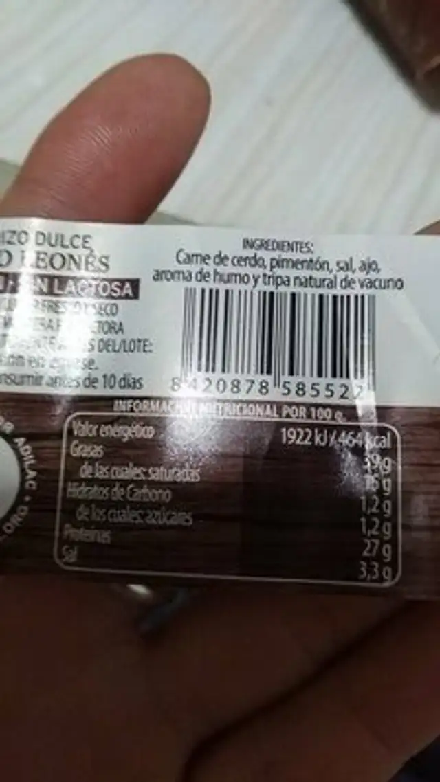 Chorizo ahumado estilo Leonés nutrition facts table