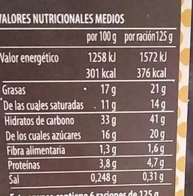 Tarta Massini nutrition facts table