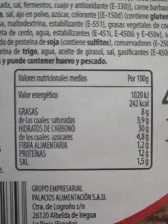 Pizza barbacoa nutrition facts table