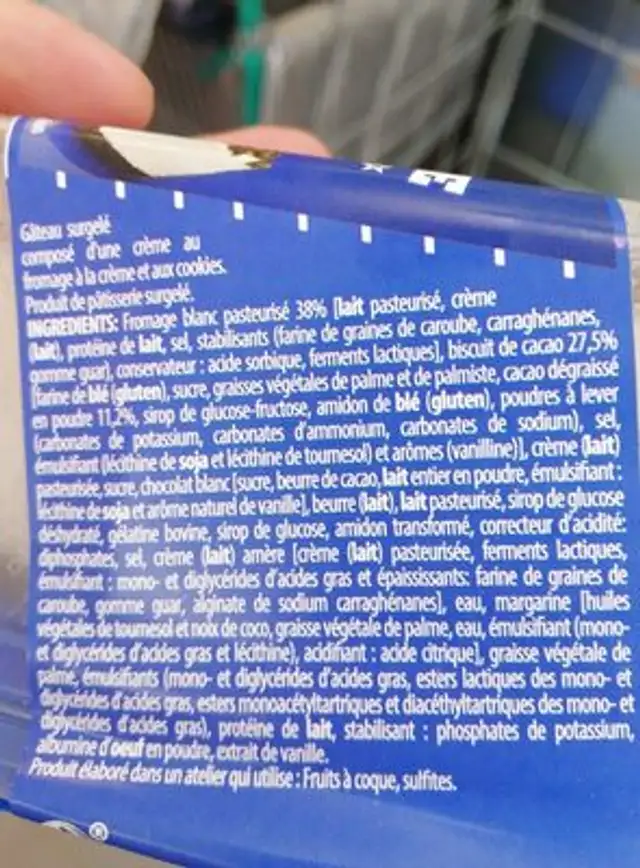 Cheesecake cookie and cream ingredients label