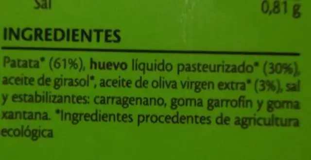 Tortilla ecológica sin cebolla ingredients label