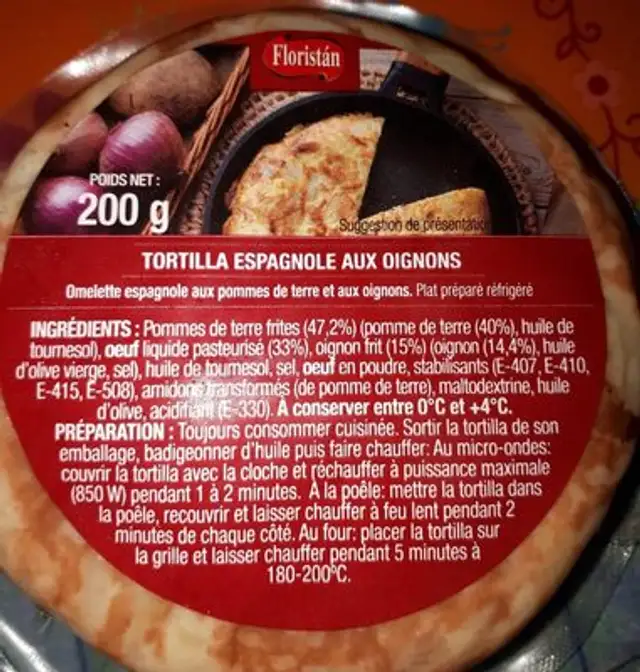Tortilla espagnole aux oignons ingredients label