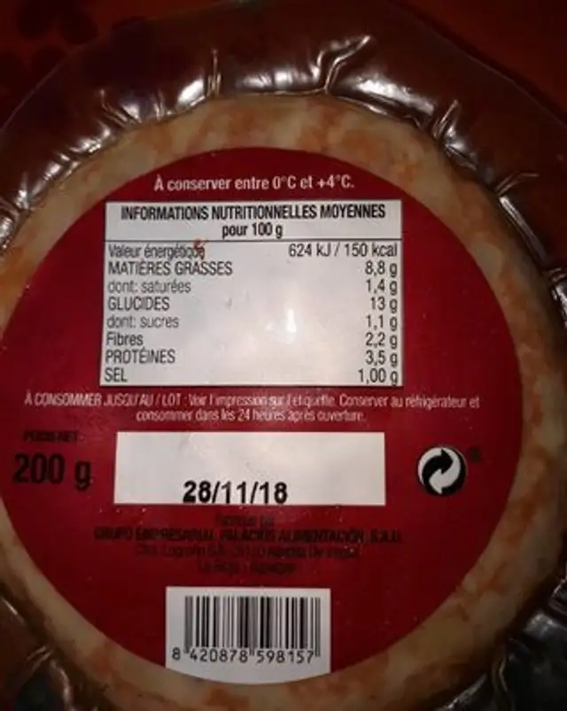 Tortilla espagnole aux oignons nutrition facts table