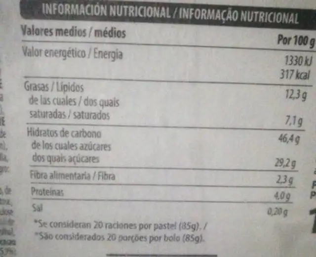 Tarta infantil bizcocho con relleno al cacao nutrition facts table
