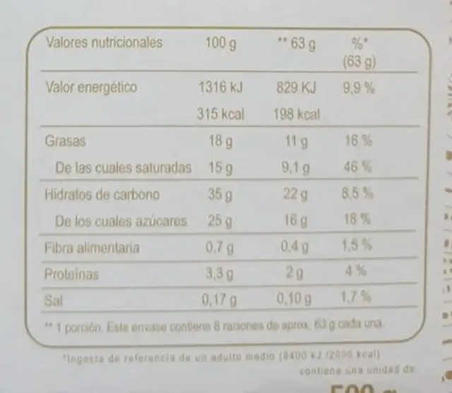 Tarta massini nutrition facts table