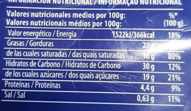 Tarta oreo nutrition facts table