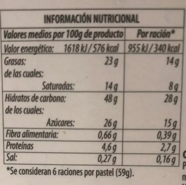 Tarta Galleta 9/6 nutrition facts table