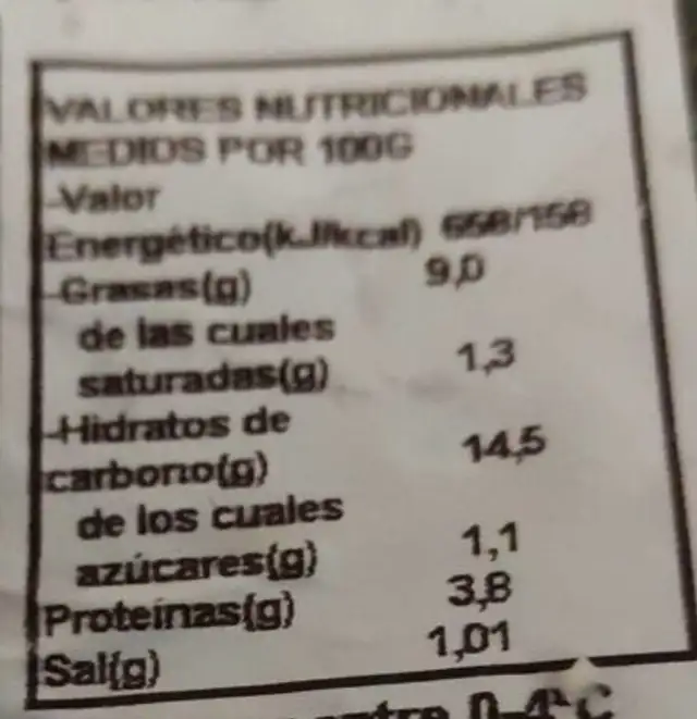 Tortilla de patata con cebolla nutrition facts table