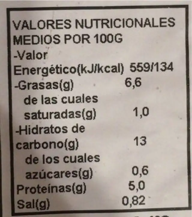 Tortilla de patata con espinacas nutrition facts table