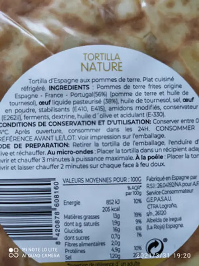 Tortilla nature ingredients label
