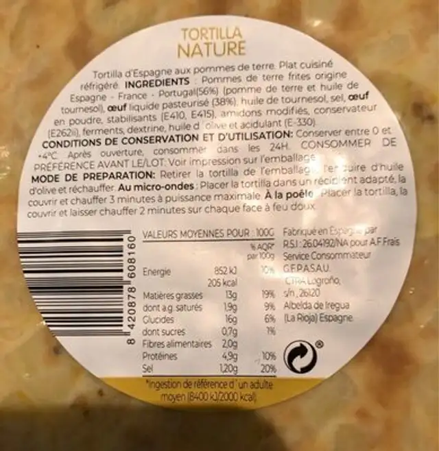 Tortilla nature nutrition facts table