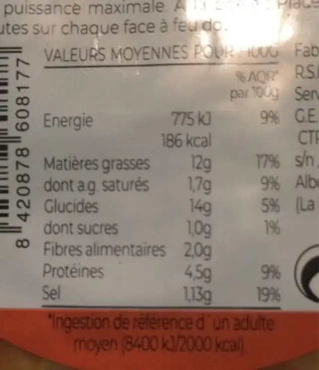 Tortilla aux oignons nutrition facts table
