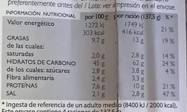 Migas con chorizo nutrition facts table