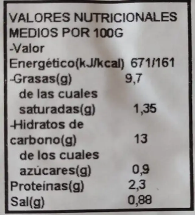 Tortilla de patata con cebolla nutrition facts table