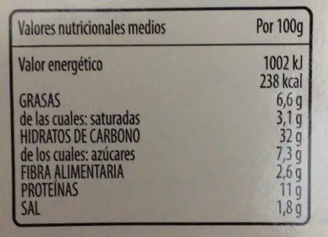 Pizza pollo y bacon nutrition facts table