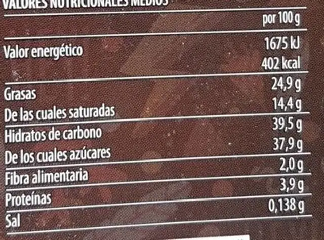 TARTA FIESTA nutrition facts table