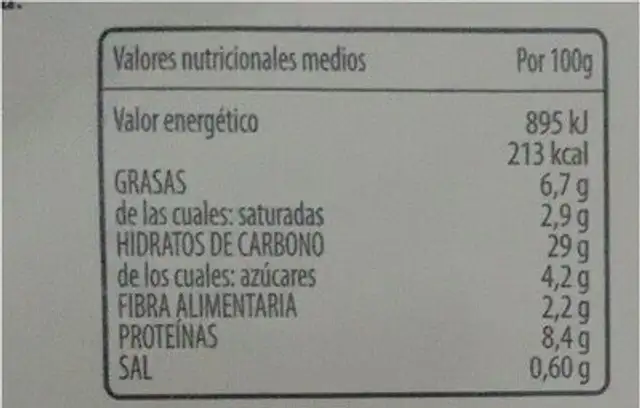 Pizza vegetariana nutrition facts table