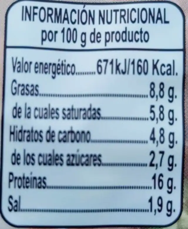 Callos nutrition facts table