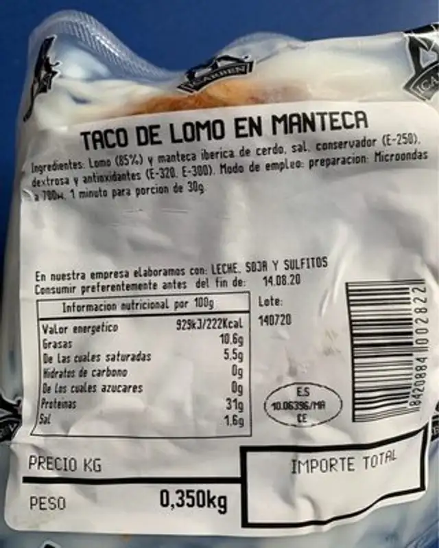 Lomo en Manteca nutrition facts table