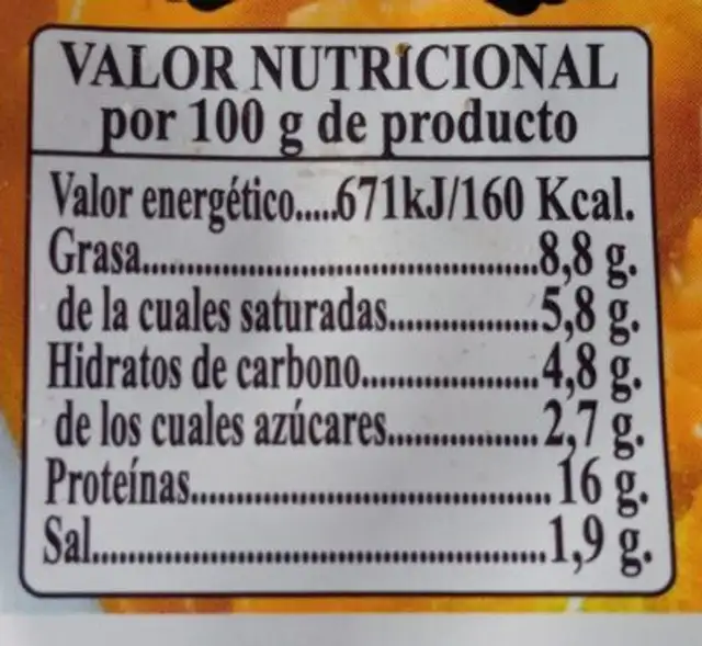 Callos de ternera nutrition facts table