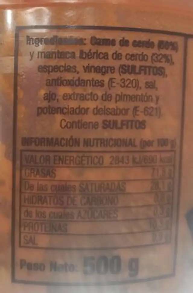 Zurrapa de lomo colorá ingredients label