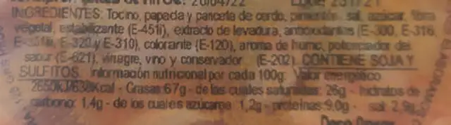 Crema de sobrasada ingredients label