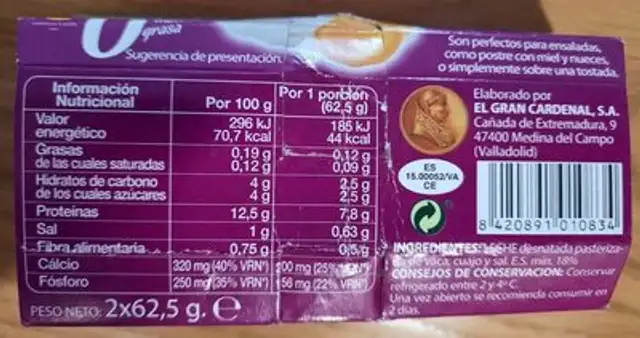 Queso fresco 0% nutrition facts table