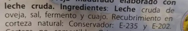 Queso de Oveja ingredients label