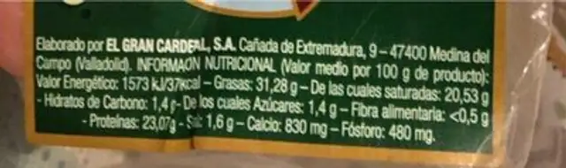 Queso Curado nutrition facts table