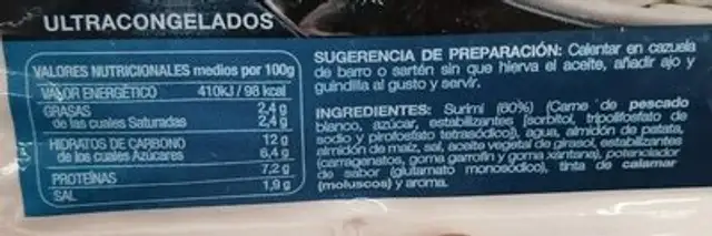 Sucedáneo de angulas nutrition facts table
