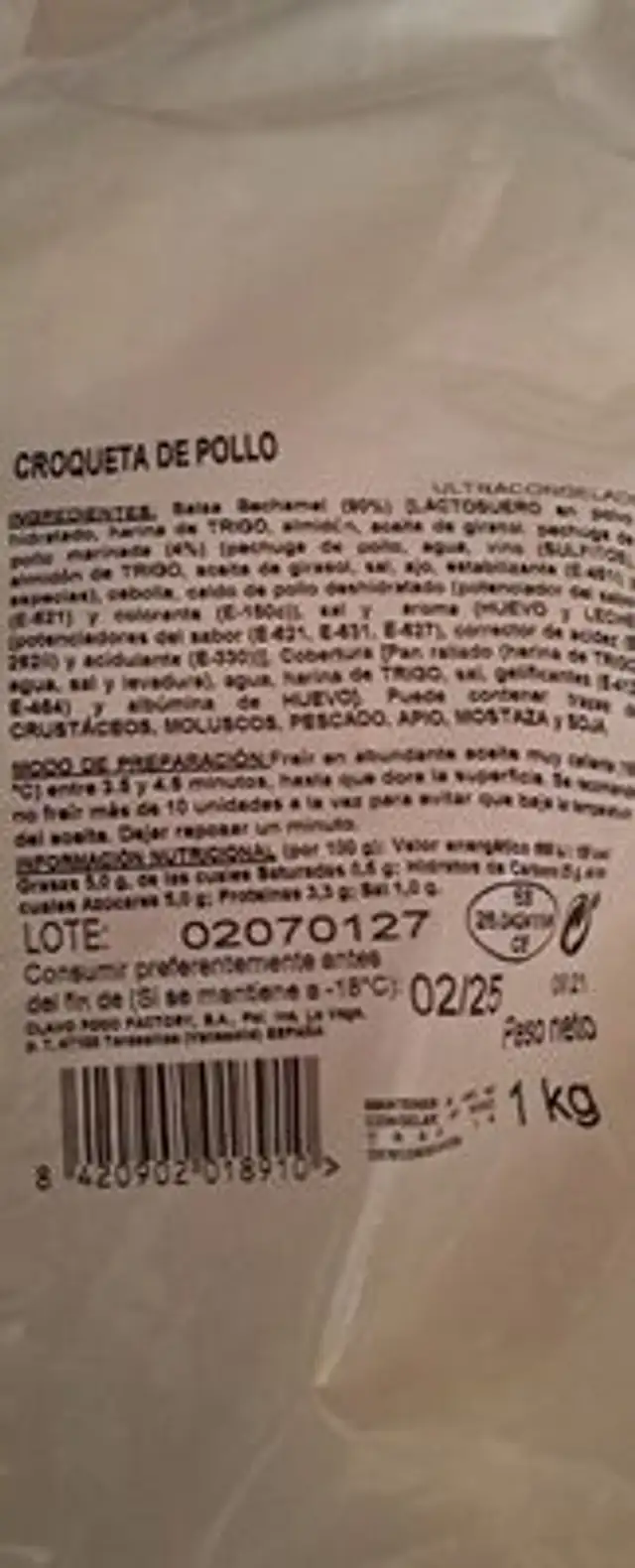 Croquetas de pollo nutrition facts table