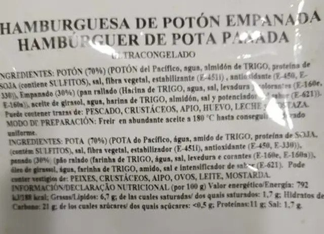 Hamburguesa de Poton nutrition facts table