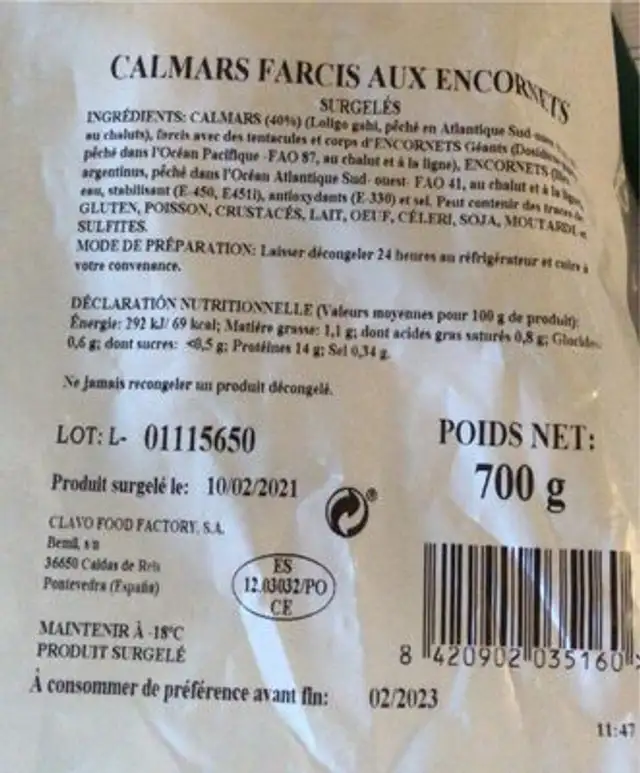 Calamars farcis aux encornets ( surgelés) nutrition facts table