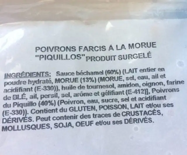 Poivrons farcis à la morue ingredients label