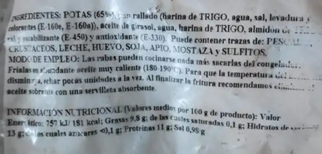 Rabas empanadas nutrition facts table