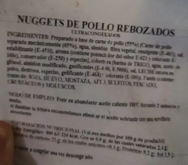 Nuggets de pollo nutrition facts table