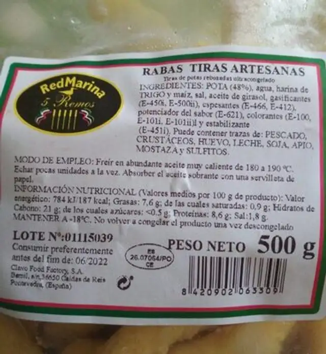 Rabas Tiras Artesanas nutrition facts table