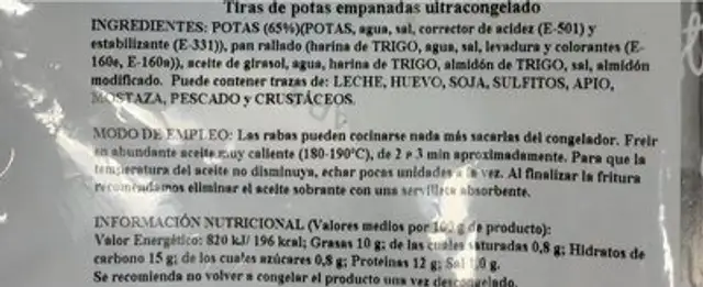 Rabas empanadas nutrition facts table