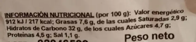 Mini enpanadilla de atun nutrition facts table