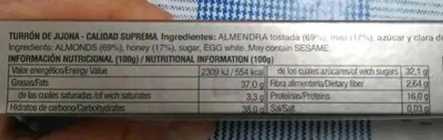 Turrón de Jijona nutrition facts table