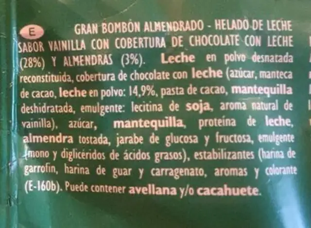 Gran bombon Almendrado nutrition facts table