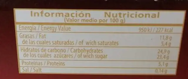 Barra helado Exellent Turrón nutrition facts table