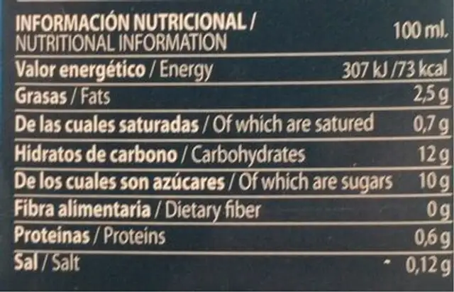 Horchata de chufa nutrition facts table