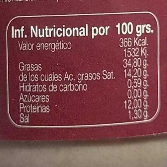 Mousse de pato al Oporto nutrition facts table