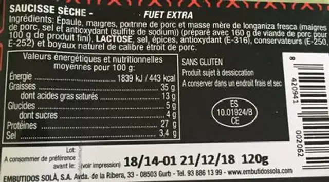 Saussice séche fuet extra ingredients label