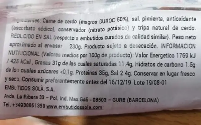 Somalla Duroc nutrition facts table