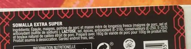Saucisson ingredients label