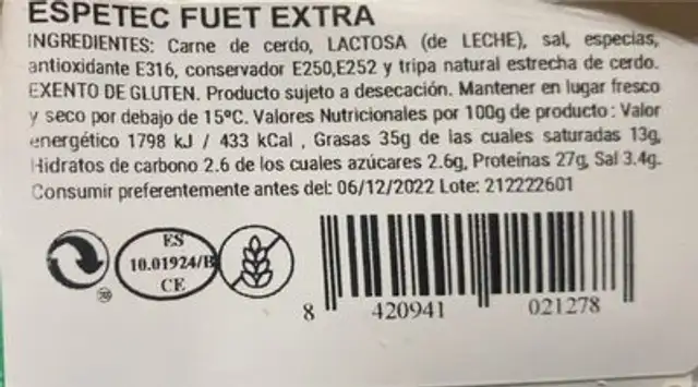 Spetecfuet extra nutrition facts table