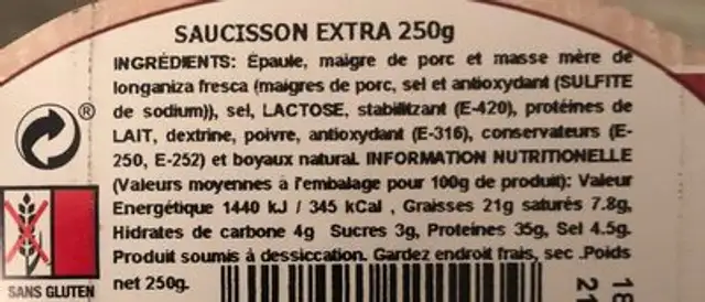 Longaniza de Pagés ingredients label