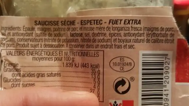 Saucisse sèche ingredients label